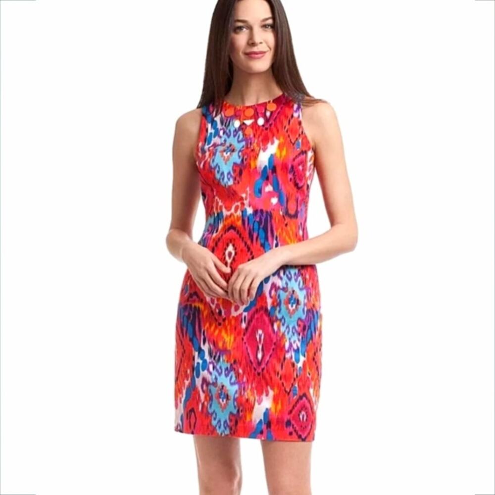 Belle Badgley Mischka Pink Red Ikat Sheath Dress 2 Colorful Career Cocktail NEW